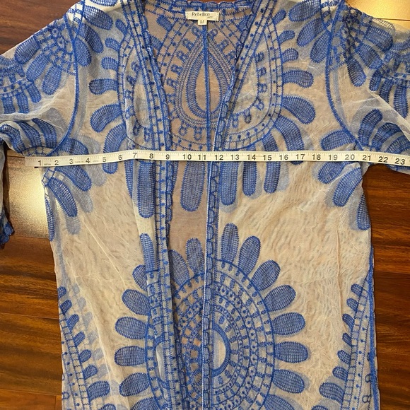 Rebellion Again Blue Sheer Embroidered Lace 3/4 Sleeve Kimono Dress - Picture 5 of 10